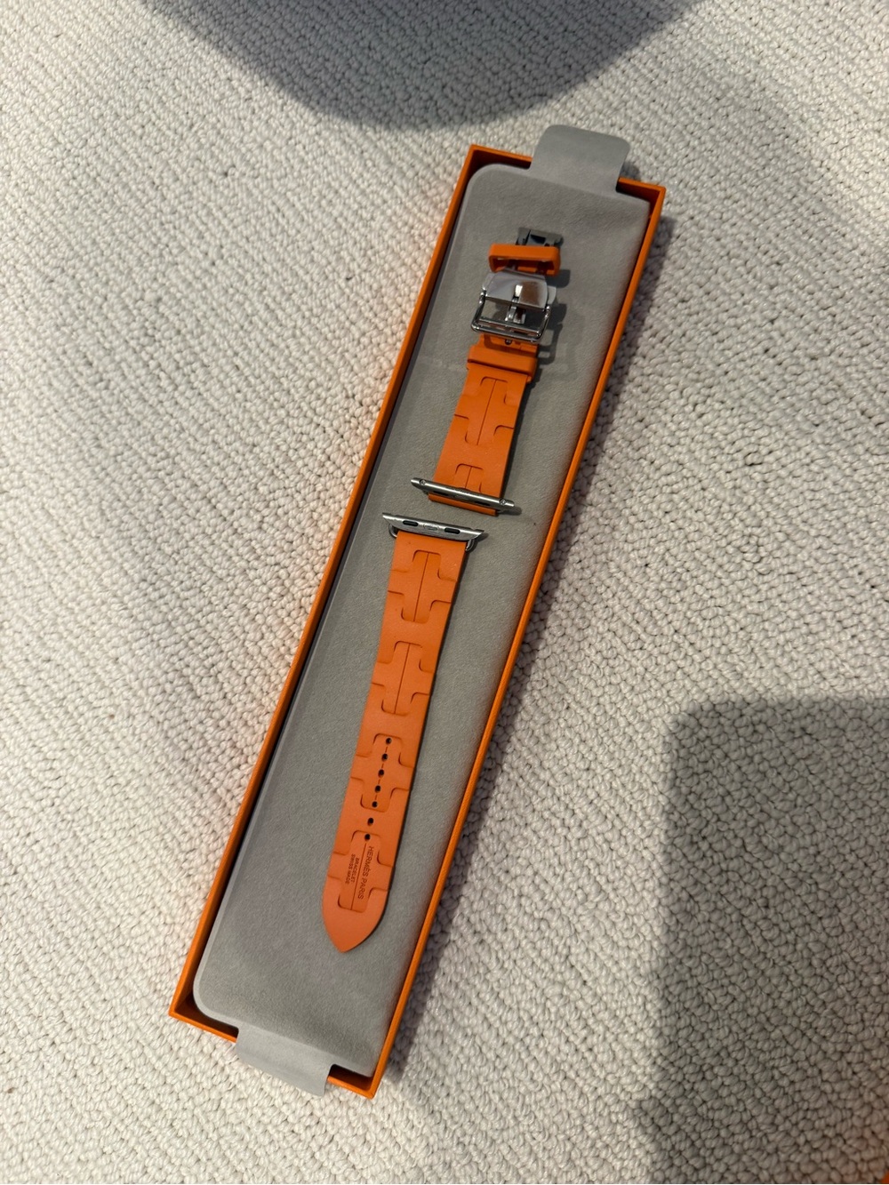 Hermes Orange Rubber Link Watch Strap with Silver Hardware